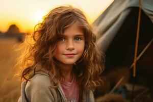 portrait de mignonne peu fille à caméra tandis que permanent près camping tente à le coucher du soleil ai généré photo