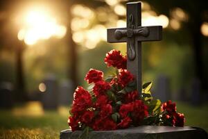 rouge des roses sur une la tombe à une cimetière pendant le le coucher du soleil avec copie espace ai généré photo