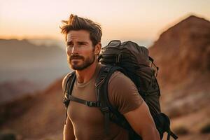 Beau Jeune homme avec sac à dos randonnée dans le montagnes à le coucher du soleil ai généré photo