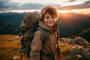 adorable peu garçon avec sac à dos randonnée dans montagnes à le coucher du soleil. Voyage et actif mode de vie concept ai généré photo