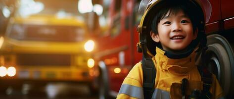 portrait de content asiatique garçon portant sapeur pompier uniforme avec Feu un camion dans Contexte ai généré photo