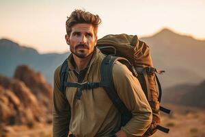 Beau Jeune homme avec sac à dos randonnée dans le montagnes à le coucher du soleil ai généré photo