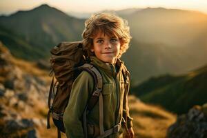 adorable peu garçon avec sac à dos randonnée dans montagnes à le coucher du soleil. Voyage et actif mode de vie concept ai généré photo