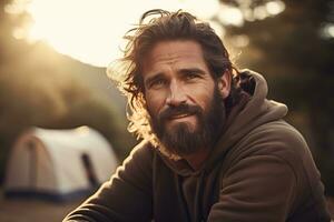 portrait de homme à la recherche à caméra tandis que près camping tente à le coucher du soleil ai généré photo