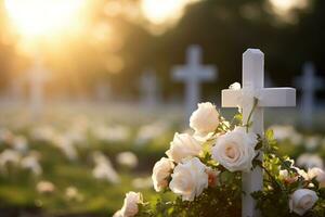 blanc fleurs dans de face de une pierre tombale à une cimetière avec coucher de soleil.funérailles concept ai généré photo