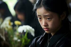 portrait de une peu asiatique fille avec dans le cimetière, funérailles concept ai généré photo