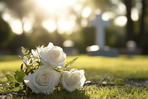 blanc fleurs dans de face de une pierre tombale à une cimetière avec coucher de soleil.funérailles concept ai généré photo