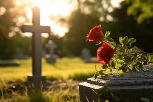 rouge des roses sur une la tombe à une cimetière pendant le le coucher du soleil avec copie espace ai généré photo