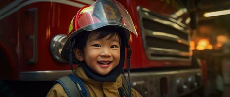 portrait de content asiatique garçon portant sapeur pompier uniforme avec Feu un camion dans Contexte ai généré photo