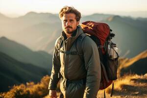 Beau Jeune homme avec sac à dos randonnée dans le montagnes à le coucher du soleil ai généré photo