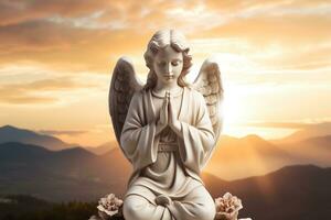 ange statue avec lever du soleil dans le arrière-plan, religion et spiritualité concept. ai généré photo