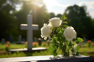 blanc fleurs dans de face de une pierre tombale à une cimetière avec coucher de soleil.funérailles concept ai généré photo