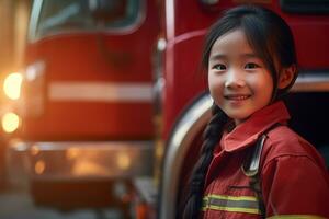 portrait de une mignonne peu asiatique fille portant une sapeur pompier uniforme ai généré photo