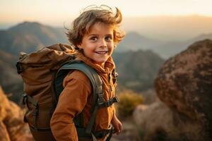 adorable peu garçon avec sac à dos randonnée dans montagnes à le coucher du soleil. Voyage et actif mode de vie concept ai généré photo