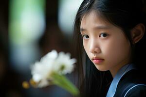 portrait de une peu asiatique fille avec dans le cimetière, funérailles concept ai généré photo