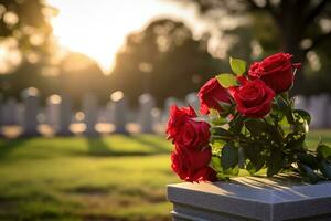 rouge des roses sur une la tombe à une cimetière pendant le le coucher du soleil avec copie espace ai généré photo