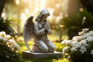 ange statue avec blanc des roses dans le cimetière.religieux Contexte ai généré photo