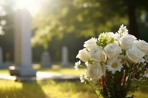 blanc fleurs dans de face de une pierre tombale à une cimetière avec coucher de soleil.funérailles concept ai généré photo