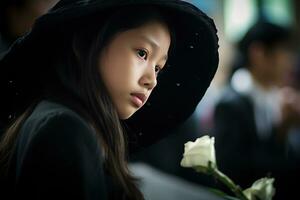 portrait de une peu asiatique fille avec dans le cimetière, funérailles concept ai généré photo