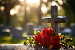 rouge des roses sur une la tombe à une cimetière pendant le le coucher du soleil avec copie espace ai généré photo