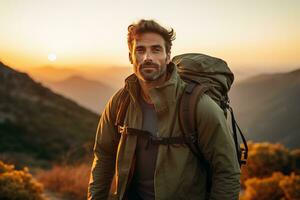 Beau Jeune homme avec sac à dos randonnée dans le montagnes à le coucher du soleil ai généré photo