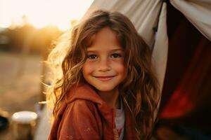 portrait de mignonne peu fille à caméra tandis que permanent près camping tente à le coucher du soleil ai généré photo