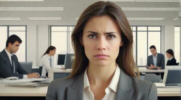 portrait de une femme avec une triste expression contre Bureau travail ambiance arrière-plan, Contexte image, ai généré photo