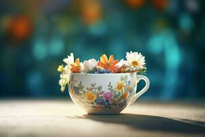 thé tasse fleurs. produire ai photo