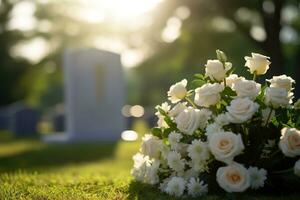 blanc fleurs dans de face de une pierre tombale à une cimetière avec coucher de soleil.funérailles concept ai généré photo