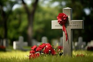 rouge des roses sur une la tombe à une cimetière pendant le le coucher du soleil avec copie espace ai généré photo