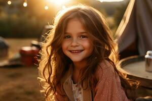 portrait de mignonne peu fille à caméra tandis que permanent près camping tente à le coucher du soleil ai généré photo