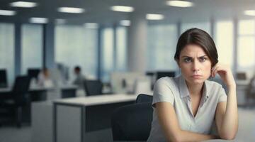 portrait de une femme avec une triste expression contre Bureau travail ambiance arrière-plan, Contexte image, ai généré photo