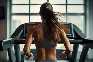 retour vue de sportif Jeune femme fonctionnement sur tapis roulant dans salle de sport, femme fonctionnement sur tapis de course à le salle de sport, Haut section tondu, non visage révélé, arrière voir, non déformation, ai généré photo