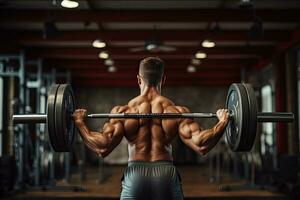 Beau Jeune musclé caucasien homme travail en dehors dans une Gym gagner poids pompage en haut muscles et pose aptitude et la musculation concept, haltérophile homme pratiquant avec haltères, ai généré photo