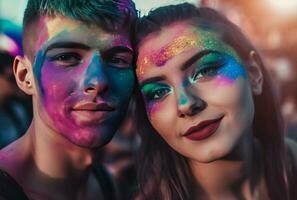 Jeune couple avec multicolore peint visages. produire ai photo