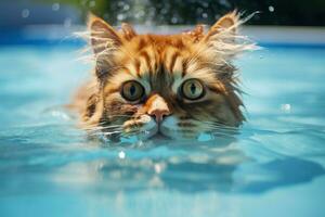 ensoleillé chat été nager bassin faire la fête. produire ai photo
