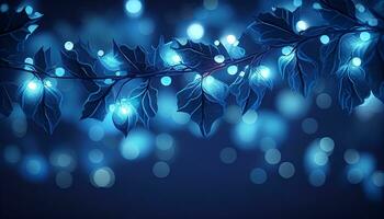 Noël guirlande bokeh lumières plus de d'or bleu Contexte ai généré photo