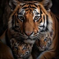 proche en haut portrait de tigre famille, mère et petits, génératif ai photo