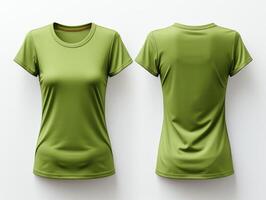 plaine vert aux femmes T-shirt maquette conception, de face et retour voir, isolé sur blanc arrière-plan, génératif ai photo