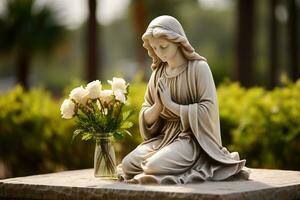 ange statue avec blanc des roses dans le cimetière.religieux Contexte ai généré photo