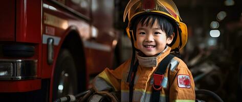 portrait de content asiatique garçon portant sapeur pompier uniforme avec Feu un camion dans Contexte ai généré photo