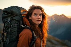 magnifique femme promeneur avec sac à dos randonnée dans le montagnes à le coucher du soleil ai généré photo