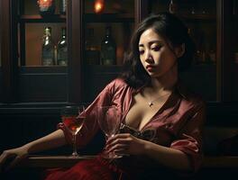 asiatique Jeune magnifique femme en buvant alcool. de l'alcool abuser de social problème. ai génératif photo