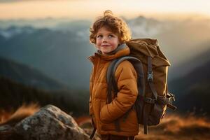 adorable peu garçon avec sac à dos randonnée dans montagnes à le coucher du soleil. Voyage et actif mode de vie concept ai généré photo