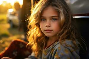 portrait de mignonne peu fille à caméra tandis que permanent près camping tente à le coucher du soleil ai généré photo