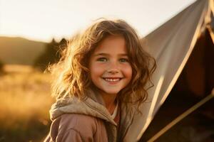 portrait de mignonne peu fille à caméra tandis que permanent près camping tente à le coucher du soleil ai généré photo