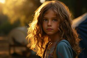 portrait de mignonne peu fille à caméra tandis que permanent près camping tente à le coucher du soleil ai généré photo