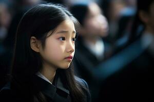 portrait de une peu asiatique fille avec dans le cimetière, funérailles concept ai généré photo