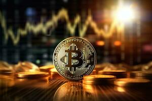 d'or bitcoin sur le Contexte de le Stock marché graphique. crypto-monnaie concept. ai généré photo
