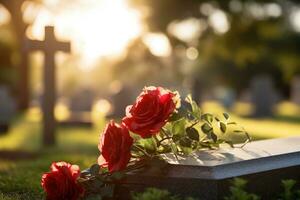 rouge des roses sur une la tombe à une cimetière pendant le le coucher du soleil avec copie espace ai généré photo